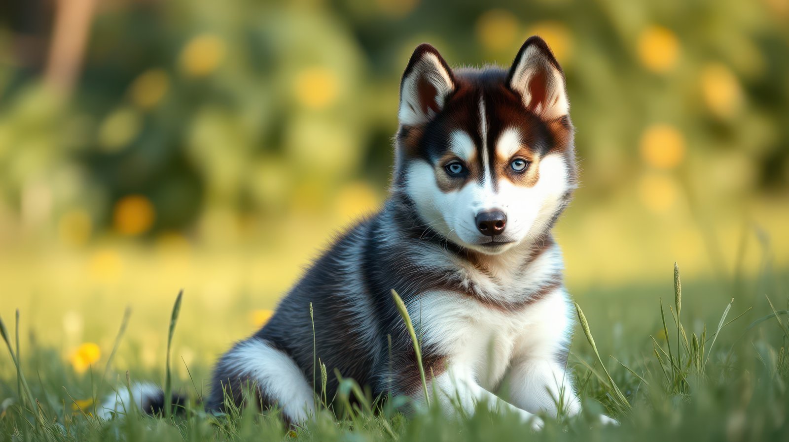 Cute husky puppy resting in a sunny grassy field during early morning hours surrounded by wildflowers